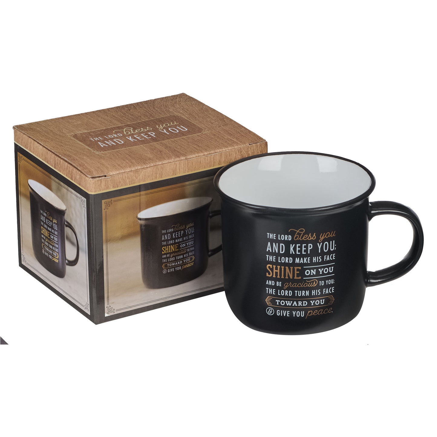 Bless You and Keep You Black and Gold Camp-Style Ceramic Coffee Mug