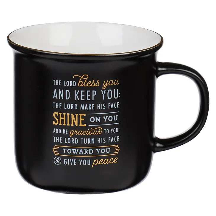 Bless You and Keep You Black and Gold Camp-Style Ceramic Coffee Mug